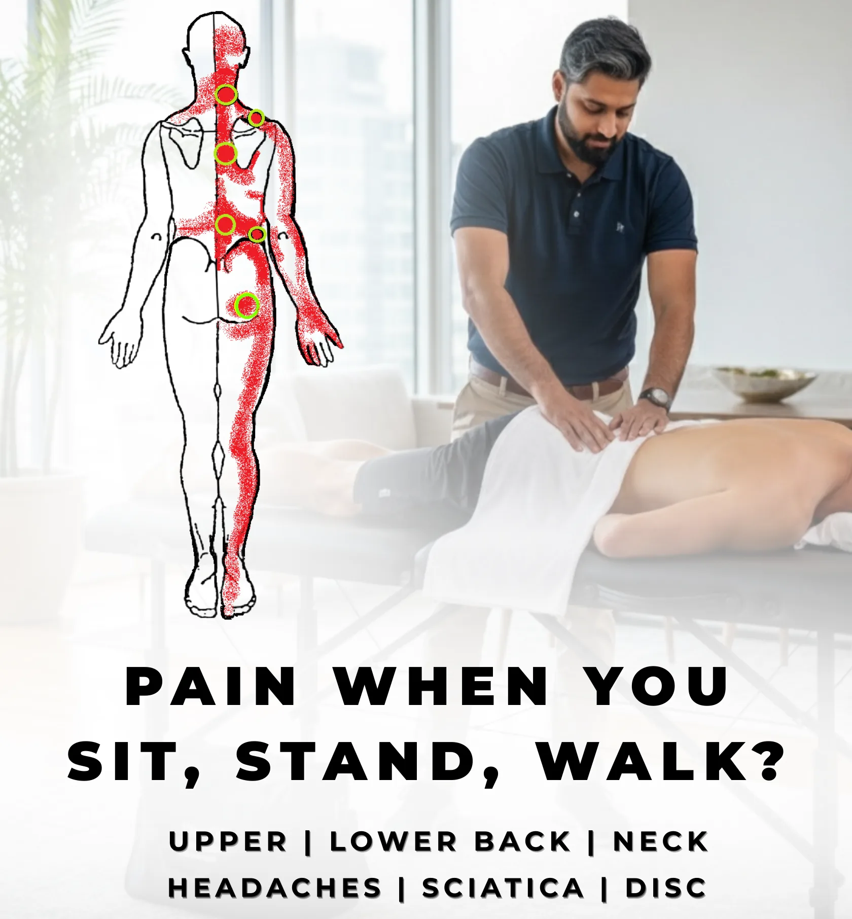 Pain relief services - treating neck, migraines, shoulder blades, disc/arthritis, lower back, and sciatica